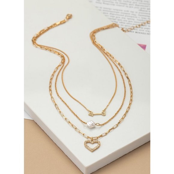 NEW 3 Layered Arrow, Faux Pearl, Rhinestone Heart Pendant Dainty Necklace Gold - Picture 3 of 8